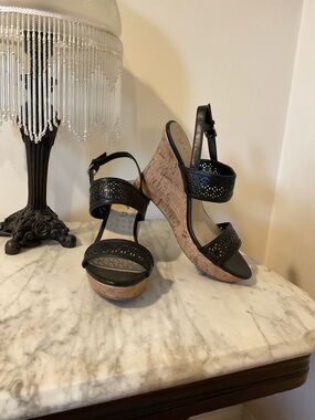 Unisa Black Cork Wedge Sandals with Perforated Straps